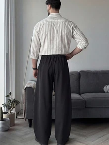 Manfinity RebelGame Men's Black High Waist Pleated Wide Leg Pants, Vintage Buckle Detail Resort Trousers - Black - View 5