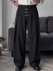 Manfinity RebelGame Men's Black High Waist Pleated Wide Leg Pants, Vintage Buckle Detail Resort Trousers - Black - View 2