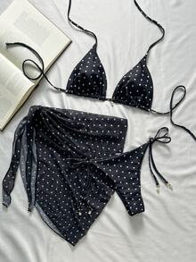 SHEIN Swim 3 件套女士海滩夏季服装：黑白波尔卡圆点印花细肩带，珍珠装饰性感泳装 2 件套 - 黑與白 - 查看 3