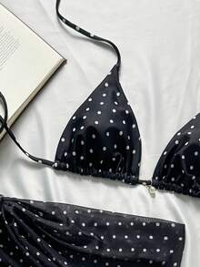 SHEIN Swim 3 件套女士海滩夏季服装：黑白波尔卡圆点印花细肩带，珍珠装饰性感泳装 2 件套 - 黑與白 - 查看 4