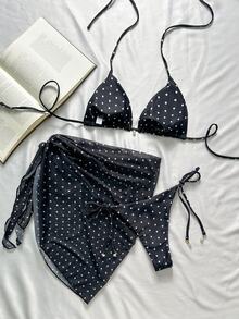 SHEIN Swim 3 件套女士海滩夏季服装：黑白波尔卡圆点印花细肩带，珍珠装饰性感泳装 2 件套 - 黑與白 - 查看 2