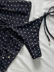 SHEIN Swim 3 件套女士海滩夏季服装：黑白波尔卡圆点印花细肩带，珍珠装饰性感泳装 2 件套 - 黑與白 - 查看 5