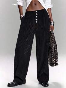 LYSMO Women's Striped Button Pocket Casual Versatile Commuting Wide Leg Pants - Black - View 2