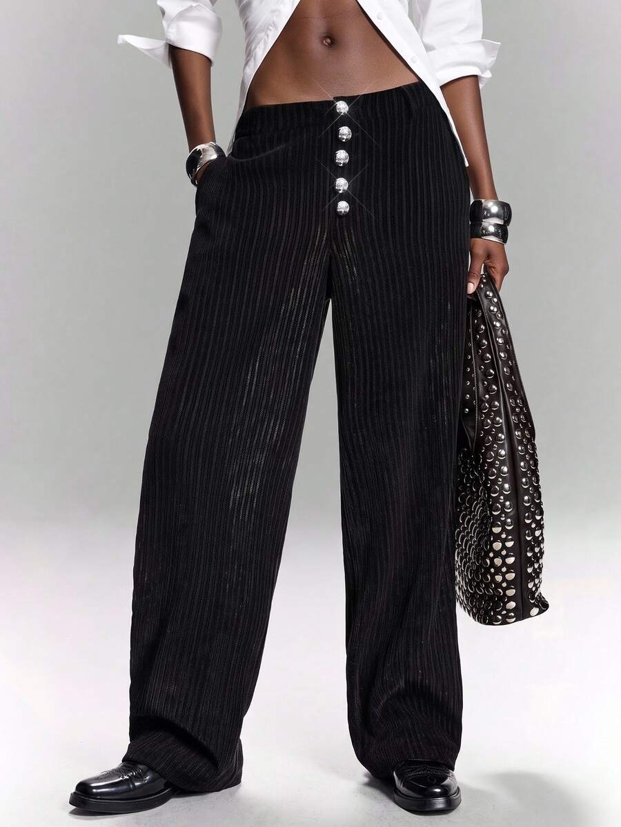 LYSMO Women's Striped Button Pocket Casual Versatile Commuting Wide Leg Pants