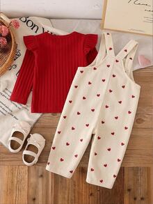 SHEIN Vintaside Kids 2Pcs Baby Girl Ribbed Top Overalls Cute Red Cream Heart Print Flutter Button Long Sleeve Round Neck Regular Party Fall Katseye Capybara Chic - Red - View 2