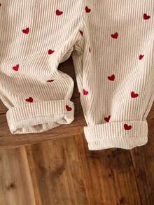 SHEIN Vintaside Kids 2Pcs Baby Girl Ribbed Top Overalls Cute Red Cream Heart Print Flutter Button Long Sleeve Round Neck Regular Party Fall Katseye Capybara Chic - Red - View 3