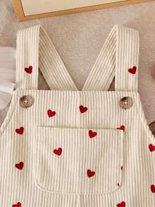 SHEIN Vintaside Kids 2Pcs Baby Girl Ribbed Top Overalls Cute Red Cream Heart Print Flutter Button Long Sleeve Round Neck Regular Party Fall Katseye Capybara Chic - Red - View 4