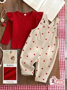 SHEIN Vintaside Kids 2Pcs Baby Girl Ribbed Top Overalls Cute Red Cream Heart Print Flutter Button Long Sleeve Round Neck Regular Party Fall Katseye Capybara Chic - Red - View 1