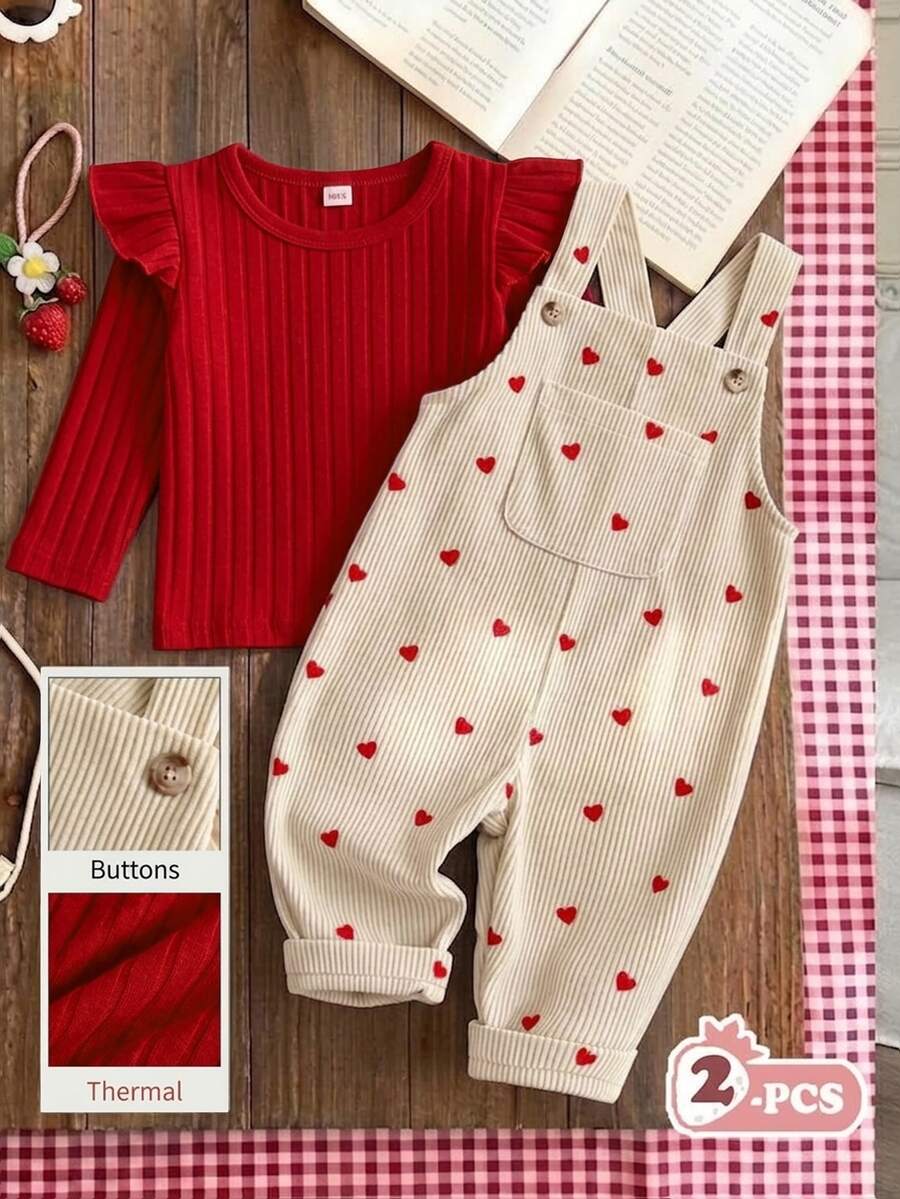 SHEIN Vintaside Kids 2Pcs Baby Girl Ribbed Top Overalls Cute Red Cream Heart Print Flutter Button Long Sleeve Round Neck Regular Party Fall Katseye Capybara Chic - Red - View 1