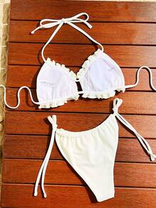 Swim Vcay 2pcs Swimwear With Ruffled Hem, Fashionable For Summer - Beige - View 2