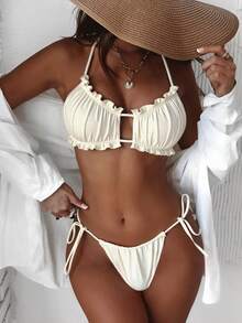 Swim Vcay 2pcs Swimwear With Ruffled Hem, Fashionable For Summer - Beige - View 3