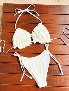 Swim Vcay 2pcs Swimwear With Ruffled Hem, Fashionable For Summer - Beige - View 5