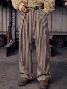 Manfinity RebelGame Men's Plus Size Striped Casual Versatile Everyday Travel Long Pants Baggypants Men - Brown - View 1