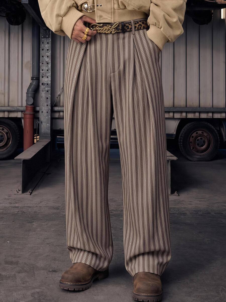 Manfinity RebelGame Men's Plus Size Striped Casual Versatile Everyday Travel Long Pants Baggypants Men - Brown - View 1