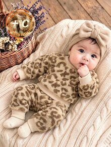 SHEIN 新生女嬰秋季風 3 件套服裝，豹紋抓絨衛衣與長褲套裝附髮帶，甜美可愛，柔軟保暖，秋冬日常穿著 - 彩色 - 查看 2