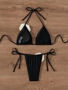 Costavie Women's Sexy Triangle Halter Neck 3D Floral Black Bikini Set Summer - Black - View 3