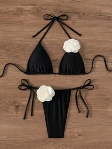 Costavie Women's Sexy Triangle Halter Neck 3D Floral Black Bikini Set Summer - Black - View 4