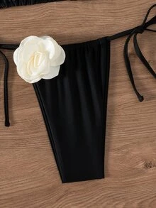 Costavie Women's Sexy Triangle Halter Neck 3D Floral Black Bikini Set Summer - Black - View 5