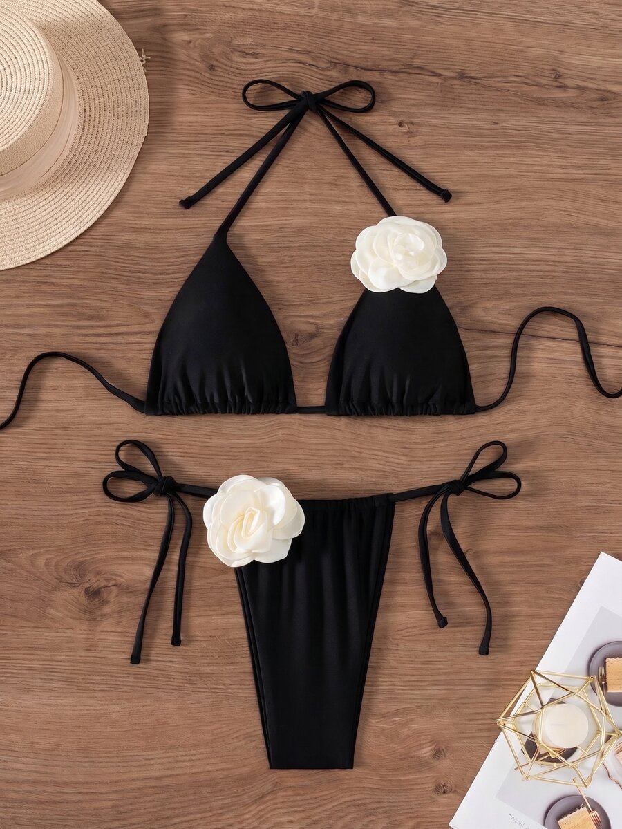 Costavie Women's Sexy Triangle Halter Neck 3D Floral Black Bikini Set Summer