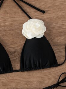 Costavie Women's Sexy Triangle Halter Neck 3D Floral Black Bikini Set Summer - Black - View 6