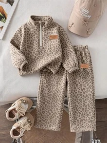 SHEIN 溫柔奶咖波點少女套裝 | 半拉鍊立領抓絨衛衣 + 寬腿長褲，女孩時尚百搭兩件套，適合秋冬休閒穿著 - 彩色 - 查看 1