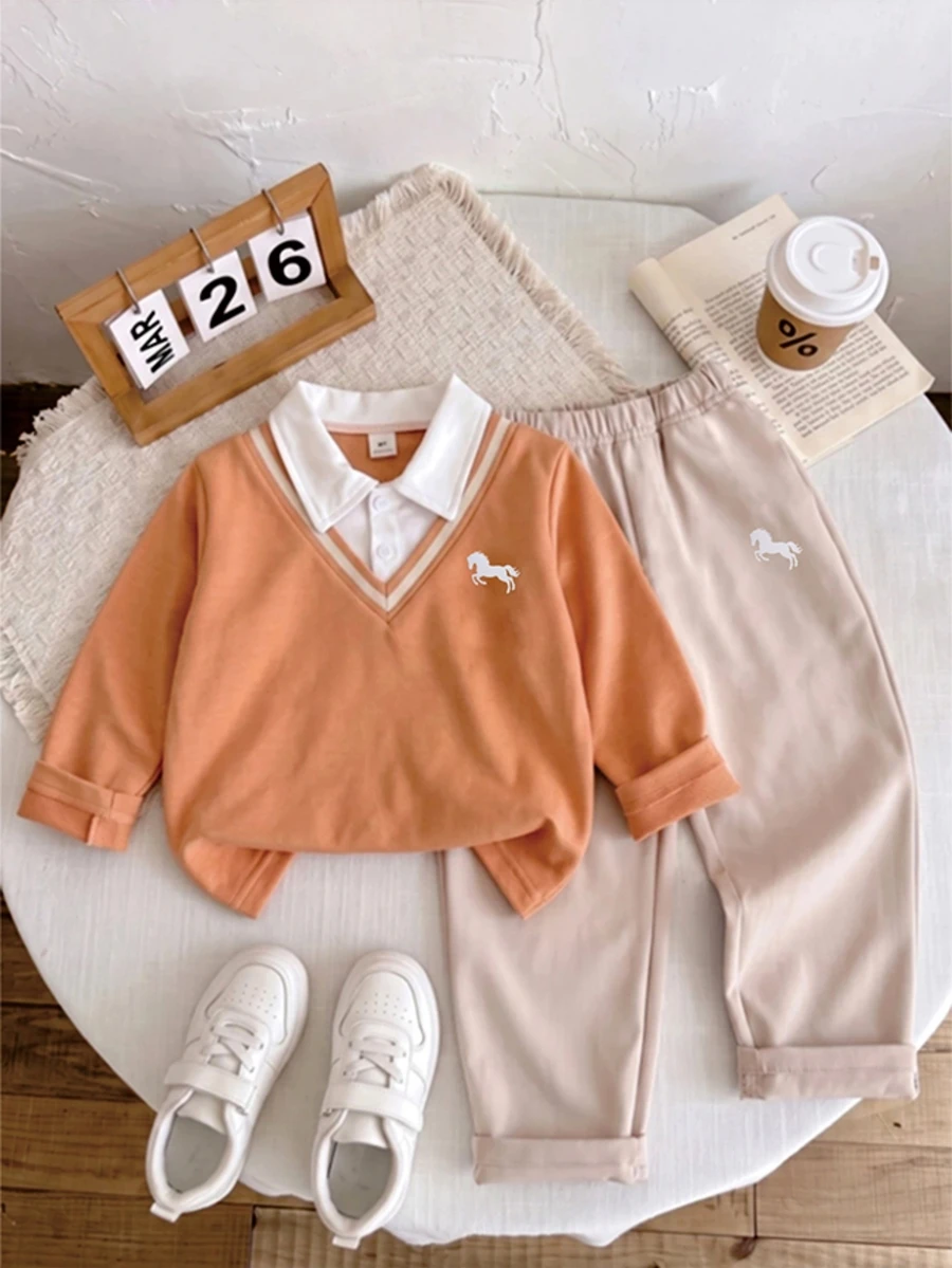 SHEIN Playful Pals 2pcs Young Boy Set, Children's Knit Long Sleeve Polo 2 In 1 Sweatshirt Toddler Chest Print Top Paired With White Casual Long Pants, Suitable For Fall - Rust Brown - View 1
