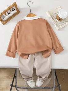 SHEIN Playful Pals 2pcs Young Boy Set, Children's Knit Long Sleeve Polo 2 In 1 Sweatshirt Toddler Chest Print Top Paired With White Casual Long Pants, Suitable For Fall - Rust Brown - View 2