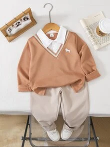 SHEIN Playful Pals 2pcs Young Boy Set, Children's Knit Long Sleeve Polo 2 In 1 Sweatshirt Toddler Chest Print Top Paired With White Casual Long Pants, Suitable For Fall - Rust Brown - View 8