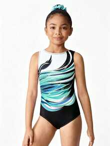 青少年女孩運動服：多色無袖體操連身衣，水鑽裝飾體操連身衣，高彈性戶外運動舞蹈，秋季 - 綠色 - 查看 6