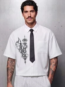 Manfinity RebelGame Men's Fashion Vintage Goth Print Single-Breasted Short Sleeve Pocket Shirt Halloween Graduation Holiday White Black Summer - White - View 9