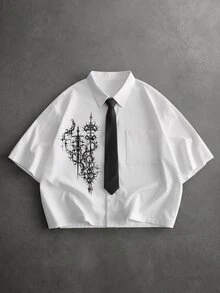 Manfinity RebelGame Men's Fashion Vintage Goth Print Single-Breasted Short Sleeve Pocket Shirt Halloween Graduation Holiday White Black Summer - White - View 2