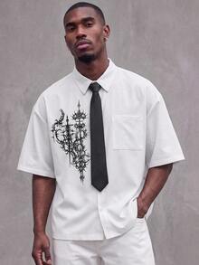 Manfinity RebelGame Men's Fashion Vintage Goth Print Single-Breasted Short Sleeve Pocket Shirt Halloween Graduation Holiday White Black Summer - White - View 8