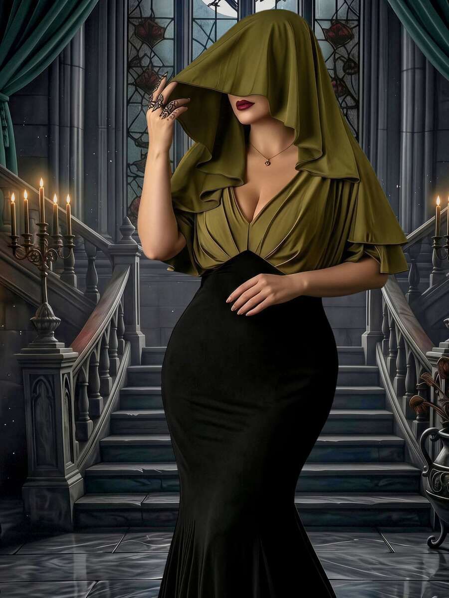 Cravure Plus Size Women Elegant Gorgeous V-Neck Ruched Moss Green Cape Dress Soft Mature Faux Two Pieces Versatile Daily Multi-Occasion - Multicolor - View 1