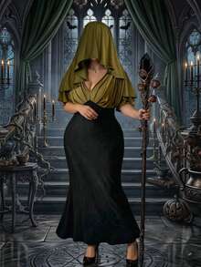 Cravure Plus Size Women Elegant Gorgeous V-Neck Ruched Moss Green Cape Dress Soft Mature Faux Two Pieces Versatile Daily Multi-Occasion - Multicolor - View 4