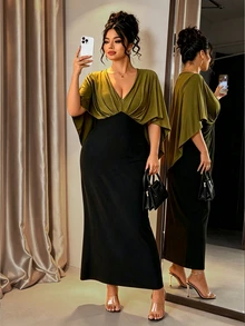 Cravure Plus Size Women Elegant Gorgeous V-Neck Ruched Moss Green Cape Dress Soft Mature Faux Two Pieces Versatile Daily Multi-Occasion - Multicolor - View 6