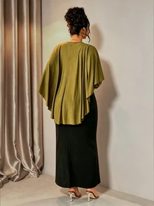 Cravure Plus Size Women Elegant Gorgeous V-Neck Ruched Moss Green Cape Dress Soft Mature Faux Two Pieces Versatile Daily Multi-Occasion - Multicolor - View 3