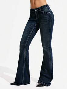 Flexra Petite Women's Stretch Skinny Sexy Date Versatile Contrast Stitching Flare Jeans - Dark Wash - View 4