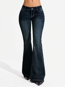 Flexra Petite Women's Stretch Skinny Sexy Date Versatile Contrast Stitching Flare Jeans - Dark Wash - View 8