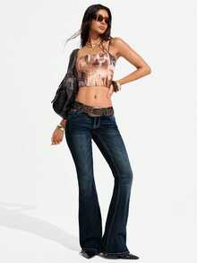 Flexra Petite Women's Stretch Skinny Sexy Date Versatile Contrast Stitching Flare Jeans - Dark Wash - View 5