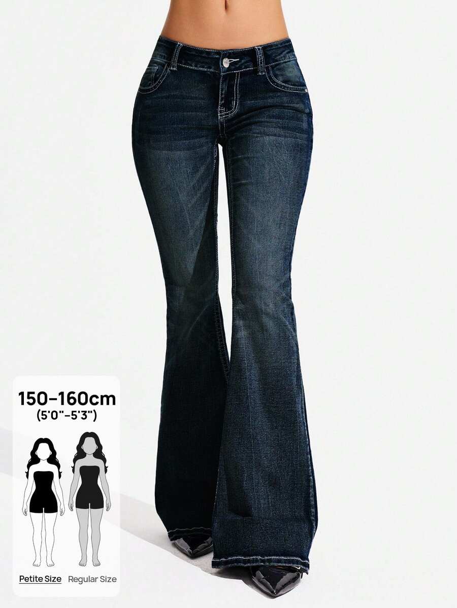 Flexra Petite Women's Stretch Skinny Sexy Date Versatile Contrast Stitching Flare Jeans - Dark Wash - View 1