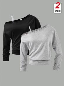 SHEIN 2pcs/Set Tween Girl Oblique Shoulder All-Match Versatile T-Shirts, Fall Top, Casual Street Style, Holiday - Multicolor - View 1
