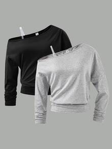 SHEIN 2pcs/Set Tween Girl Oblique Shoulder All-Match Versatile T-Shirts, Fall Top, Casual Street Style, Holiday - Multicolor - View 3