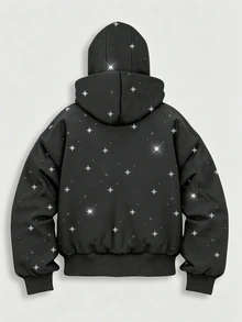 ROMWE MEN Street Life Men's Fashionable Rhinestone Embellished Zip-Up Hoodie, Autumn/Winter, Long Sleeve Top - Grey - View 2