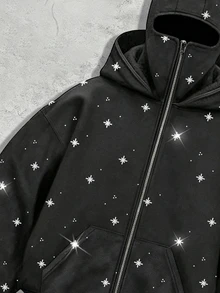 ROMWE MEN Street Life Men's Fashionable Rhinestone Embellished Zip-Up Hoodie, Autumn/Winter, Long Sleeve Top - Grey - View 4