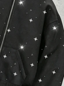 ROMWE MEN Street Life Men's Fashionable Rhinestone Embellished Zip-Up Hoodie, Autumn/Winter, Long Sleeve Top - Grey - View 3
