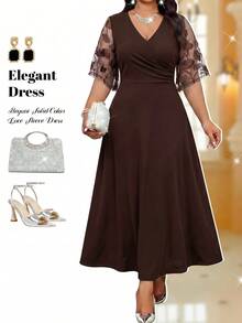 Fleurora Plus Size Women's Patchwork Embroidered Mesh Short Sleeve Overlap V-Neck Elegant Dress Wedding Formal Dinner Evening Brown Summer - Brown - View 5