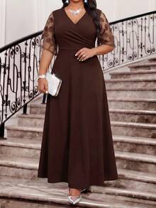 Fleurora Plus Size Women's Patchwork Embroidered Mesh Short Sleeve Overlap V-Neck Elegant Dress Wedding Formal Dinner Evening Brown Summer - Brown - View 1