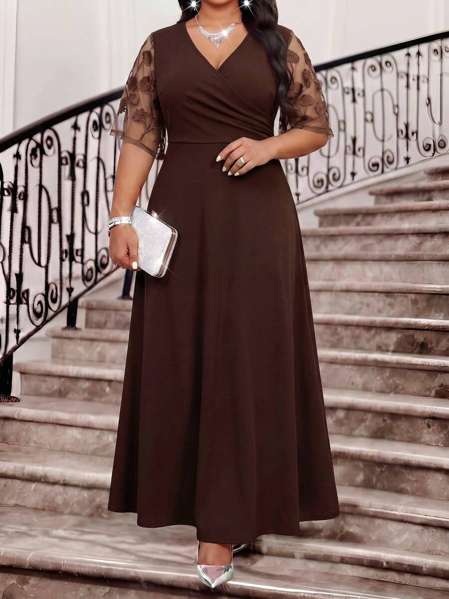 Fleurora Plus Size Women's Patchwork Embroidered Mesh Short Sleeve Overlap V-Neck Elegant Dress Wedding Formal Dinner Evening Brown Summer - Brown - View 1