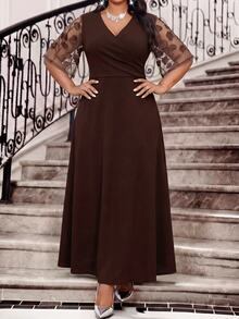 Fleurora Plus Size Women's Patchwork Embroidered Mesh Short Sleeve Overlap V-Neck Elegant Dress Wedding Formal Dinner Evening Brown Summer - Brown - View 3