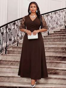 Fleurora Plus Size Women's Patchwork Embroidered Mesh Short Sleeve Overlap V-Neck Elegant Dress Wedding Formal Dinner Evening Brown Summer - Brown - View 4